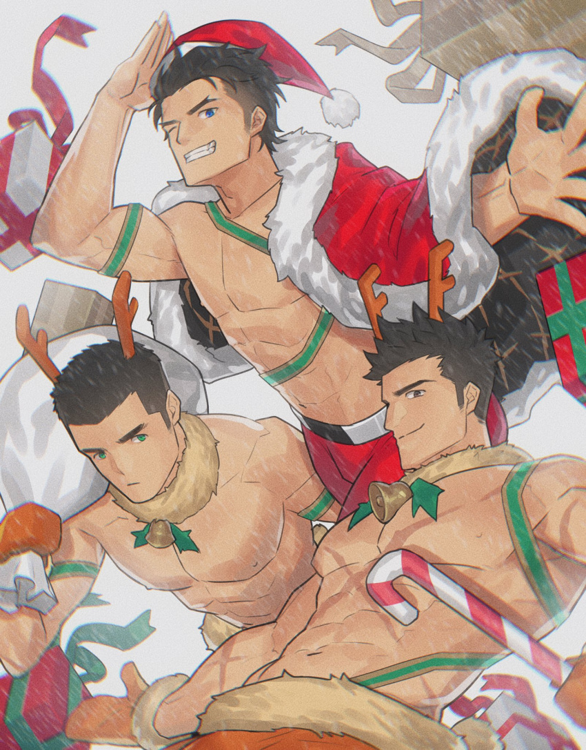 3boys antlers bara black_hair blue_eyes candy candy_cane christmas facial_hair food green_ribbons grin hat highres holding holding_candy holding_candy_cane holding_food holding_sack horns hunterkay large_pectorals male_focus mature_male multiple_boys muscular muscular_male navel one_eye_closed original pectorals red_headwear reindeer_antlers revealing_clothes ribbon sack santa_costume santa_hat scar short_hair sideburns_stubble smile snowing stubble thick_eyebrows toned