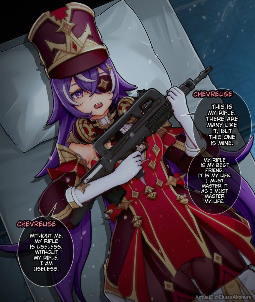 3d actualekusu assault_rifle bare_shoulders bed bullpup chevreuse_(genshin_impact) commentary cowboy_shot detached_sleeves dress earmuffs earmuffs_around_neck english_commentary english_text eyepatch famas female full_metal_jacket genshin_impact gloves gun hat highres holding holding_gun holding_weapon koikatsu_(medium) lying multicolored_hair no_mole on_back open_mouth pillow purple_eyes purple_hair red_dress rifle rifleman's_creed shako_cap short_dress solo speech_bubble streaked_hair weapon white_gloves white_hair