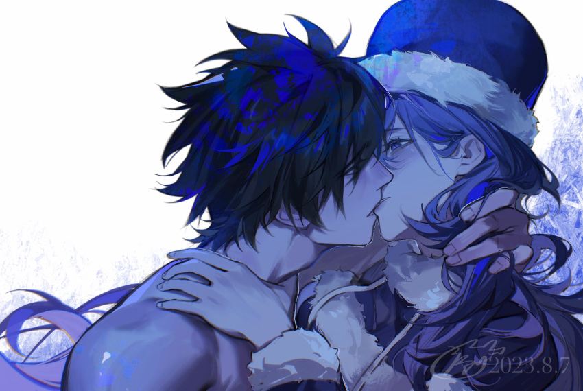 1boy black_eyes black_hair blue_coat blue_eyes blue_hair blue_headwear blue_theme blush coat colored_skin fairy_tail female fur-trimmed_coat fur-trimmed_headwear fur_trim gray_fullbuster half-closed_eyes highres hug juvia_lockser kissing long_hair looking_at_another short_hair toned toned_male topless_male white_skin xuchuan