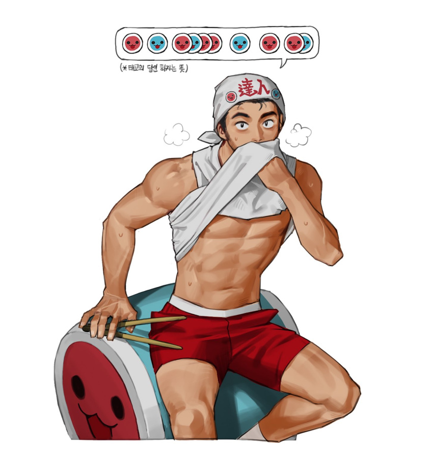 1boy bara black_eyes black_hair clothes_lift drum facial_hair headband highres instrument male_focus muscular muscular_male navel nipples original red_shorts rinotuna shirt_lift short_hair shorts sideburns_stubble sitting solo steam stomach stubble taiko_no_tatsujin tank_top toned toned_male underpec wada_don wada_katsu white_tank_top