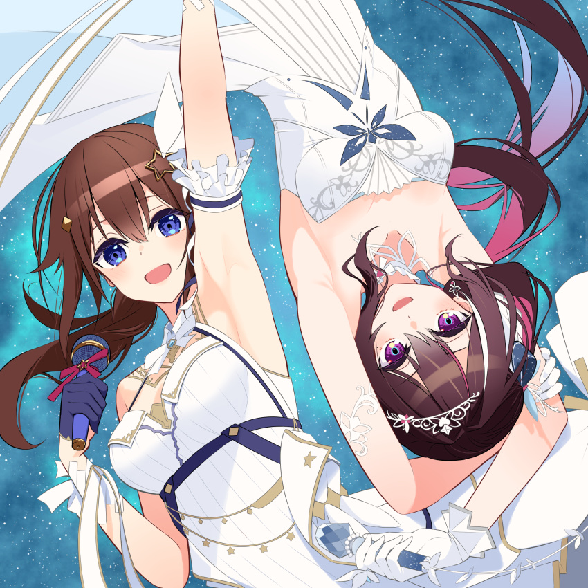 2girls arm_up armband armpits arms_behind_head azki_(5th_costume)_(hololive) azki_(hololive) black_hair blue_eyes brown_hair colored_inner_hair commentary_request dress frilled_armband frills gloves gold_trim hair_flaps hair_ornament hairclip half_gloves highres holding holding_microphone hololive idol idol_clothes kuronaga long_hair microphone multicolored_hair multiple_girls official_alternate_costume open_mouth pink_hair purple_eyes sky sleeveless sleeveless_dress smile star_(sky) star_(symbol) star_hair_ornament starry_sky tiara tokino_sora tokino_sora_(birthday_2022) upside-down virtual_youtuber white_dress white_gloves