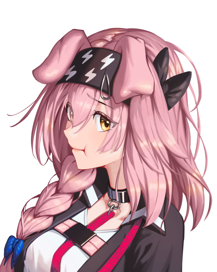 animal_ears arknights black_choker black_hairband black_jacket bowlp braid cat_ears choker commentary_request female goldenglow_(arknights) hairband highres jacket long_hair pink_hair shirt simple_background single_braid solo upper_body white_background white_shirt yellow_eyes