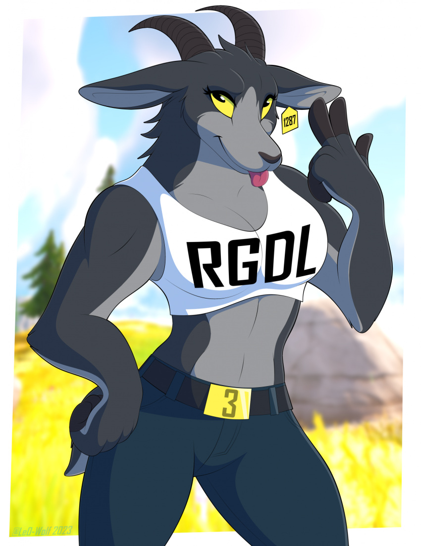 anthro belt bottomwear bovid breasts broad_shoulders caprine clothing coffee_stain_studios denim denim_bottomwear denim_clothing digital_media_(artwork) ear_piercing ear_tag epic_games eyelashes female fortnite fur gesture goat goat_simulator golden_belt_buckle grey_body grey_fur hand_gesture hi_res horn jeans leo-wolf looking_at_viewer mammal multicolored_body multicolored_fur muscular muscular_female pants piercing pilgor_(goat_simulator) shirt solo tank_top text text_on_clothing tomboy tongue topwear tufted_fur two_tone_body two_tone_fur v_sign white_clothing white_shirt white_tank_top white_topwear yellow_sclera