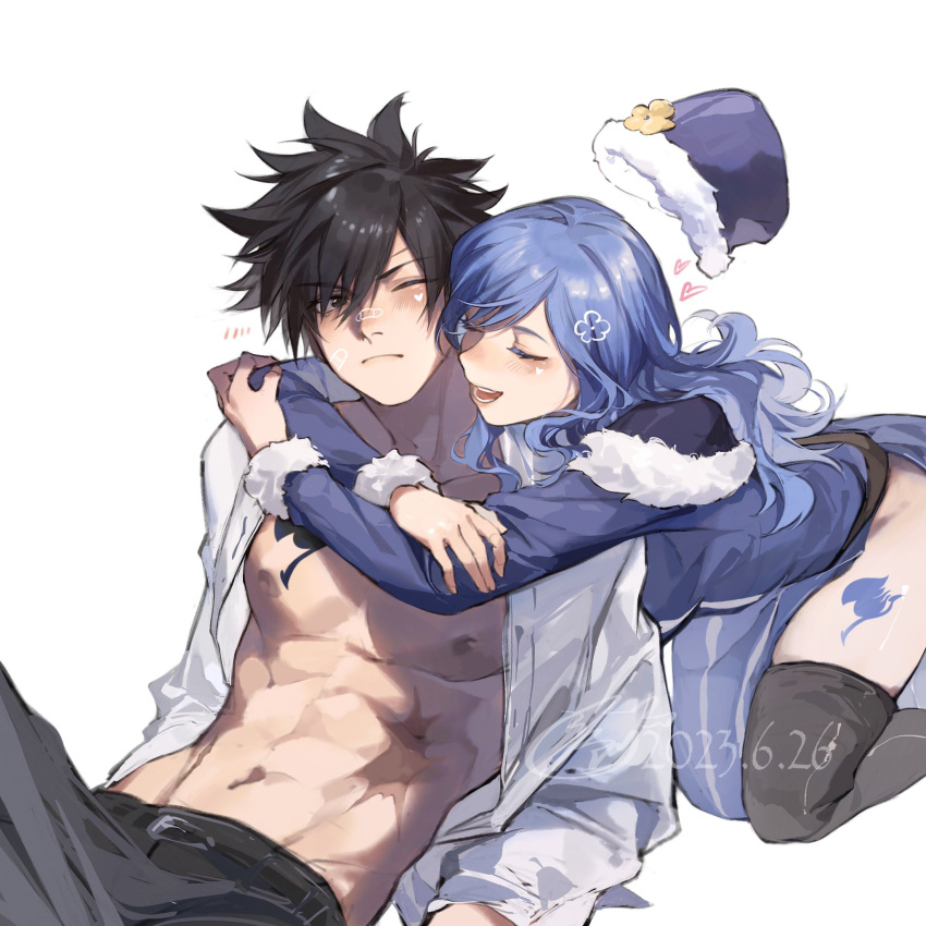 1boy abs belt black_eyes black_footwear black_hair blue_cape blue_coat blue_eyes blue_hair blush cape center_opening closed_eyes coat colored_skin dated fairy_tail fairy_tail_logo female flower fur-trimmed_cape fur-trimmed_sleeves fur_trim gray_fullbuster grey_pants groin hat heart highres hug hug_from_behind juvia_lockser leaning_on_person leg_tattoo long_hair looking_at_another multicolored_coat nipples one_eye_closed open_mouth pants pectorals scar scar_on_stomach shirt sitting smile tattoo two-tone_coat unworn_hat unworn_headwear white_coat white_shirt white_skin xuchuan