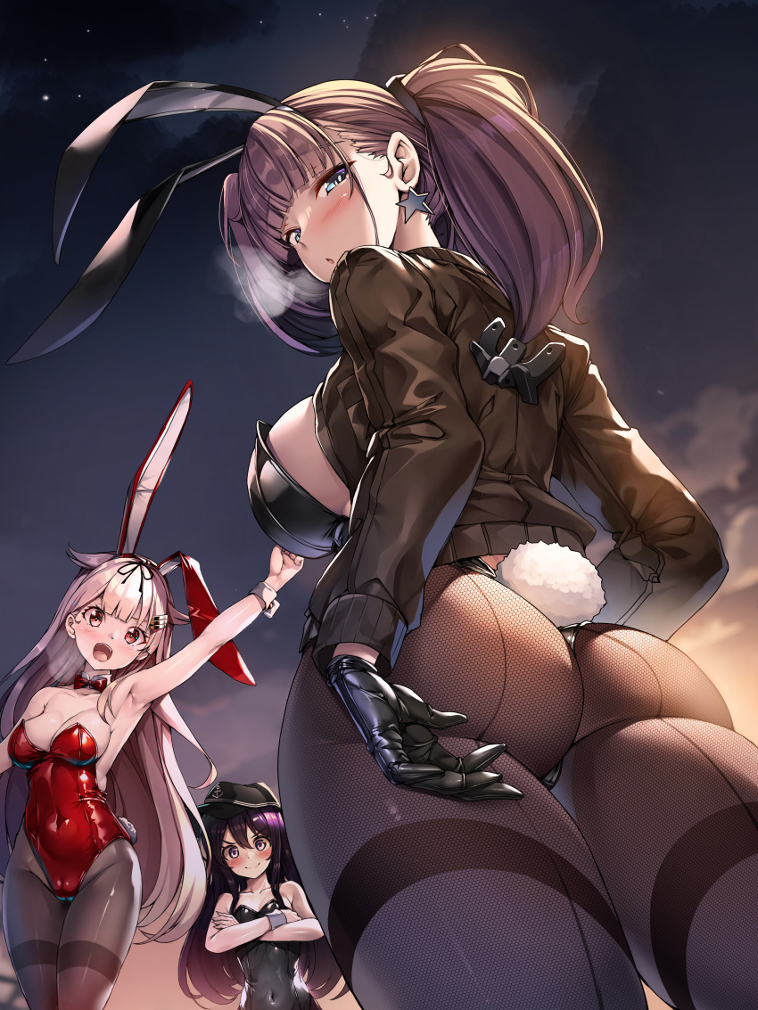 3girls absurdres akatsuki_(kancolle) animal_ears arm_up armpits ass atlanta_(kancolle) black_gloves black_hair black_jacket black_leotard black_pantyhose blonde_hair blush breasts brown_hair cleavage covered_navel crossed_arms duplicate earrings fake_animal_ears fake_tail gloves highres jacket jewelry kantai_collection large_breasts leotard long_hair long_sleeves looking_at_viewer looking_back medium_breasts multiple_girls night night_sky outdoors pantyhose pixel-perfect_duplicate playboy_bunny purple_hair rabbit_ears rabbit_tail red_leotard sky smile standing tail thighs torisan twintails yuudachi_(kancolle) yuudachi_kai_ni_(kancolle)