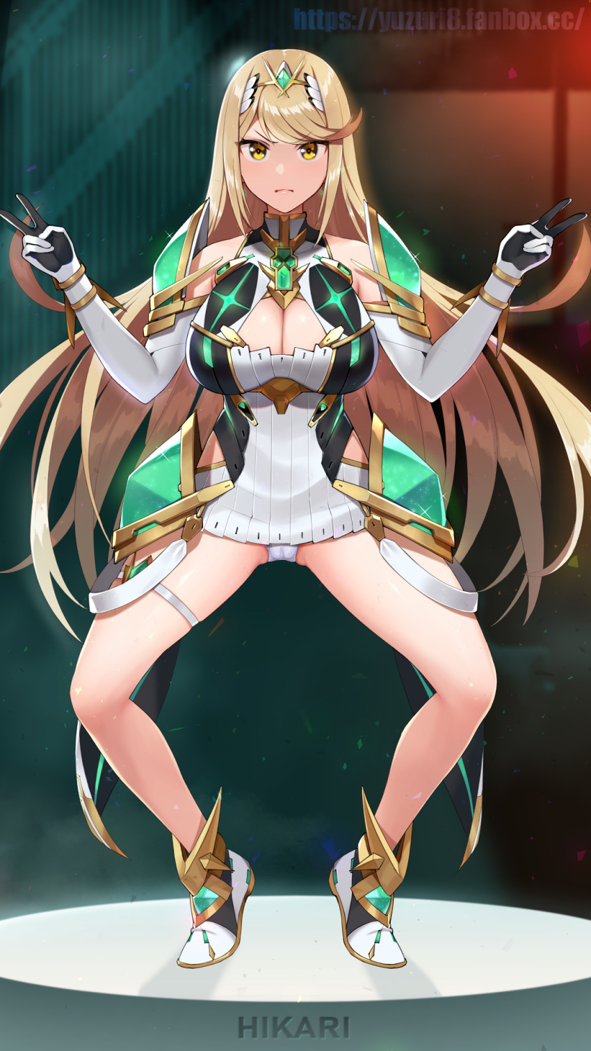 bare_legs bare_shoulders blonde_hair breasts character_name cheating_(relationship) chest_jewel cleavage cleavage_cutout closed_mouth clothing_cutout commentary_request double_v dress elbow_gloves fanbox_username female full_body gloves highres large_breasts long_hair looking_at_viewer mythra_(xenoblade) prostitution short_dress solo standing swept_bangs thigh_strap tiara v very_long_hair white_dress white_footwear white_gloves xenoblade_chronicles_(series) xenoblade_chronicles_2 yellow_eyes yuzuriha_(active_homing)