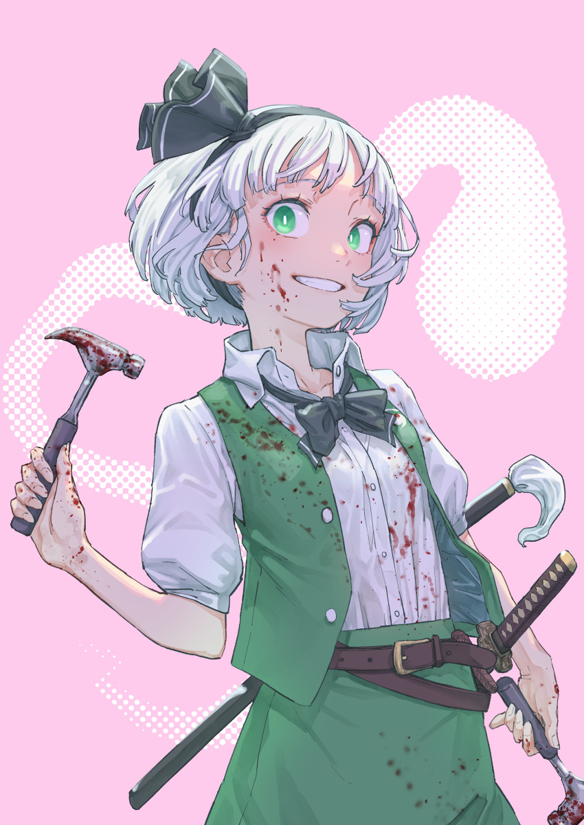 absurdres belt black_bow black_bowtie black_hairband black_ribbon blood blood_on_clothes blood_on_face blood_on_weapon bow bowtie bright_pupils brown_belt collared_shirt commentary crazy_grin crazy_smile dual_wielding female green_eyes green_skirt green_vest grey_hair grin hair_ribbon hairband halftone halftone_background hammer highres hitodama holding holding_hammer kawayabug konpaku_youmu konpaku_youmu_(ghost) looking_at_viewer puffy_short_sleeves puffy_sleeves ribbon shirt short_hair short_sleeves skirt smile solo touhou vest weapon white_pupils white_shirt wide-eyed