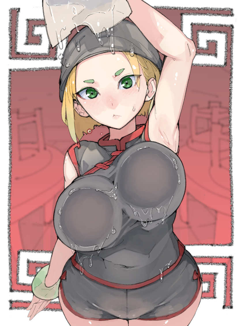 against_glass armpits arms_(game) bandana black_shirt black_shorts blonde_hair blush bob_cut bracelet breast_press breasts chinese_clothes cleaning commentary_request covered_navel fat_mons female green_eyes groin highres holding_cloth jewelry large_breasts meandros min_min_(arms) no_mask shirt short_hair short_shorts shorts solo standing sweatdrop takayama_toshinori wet wet_clothes