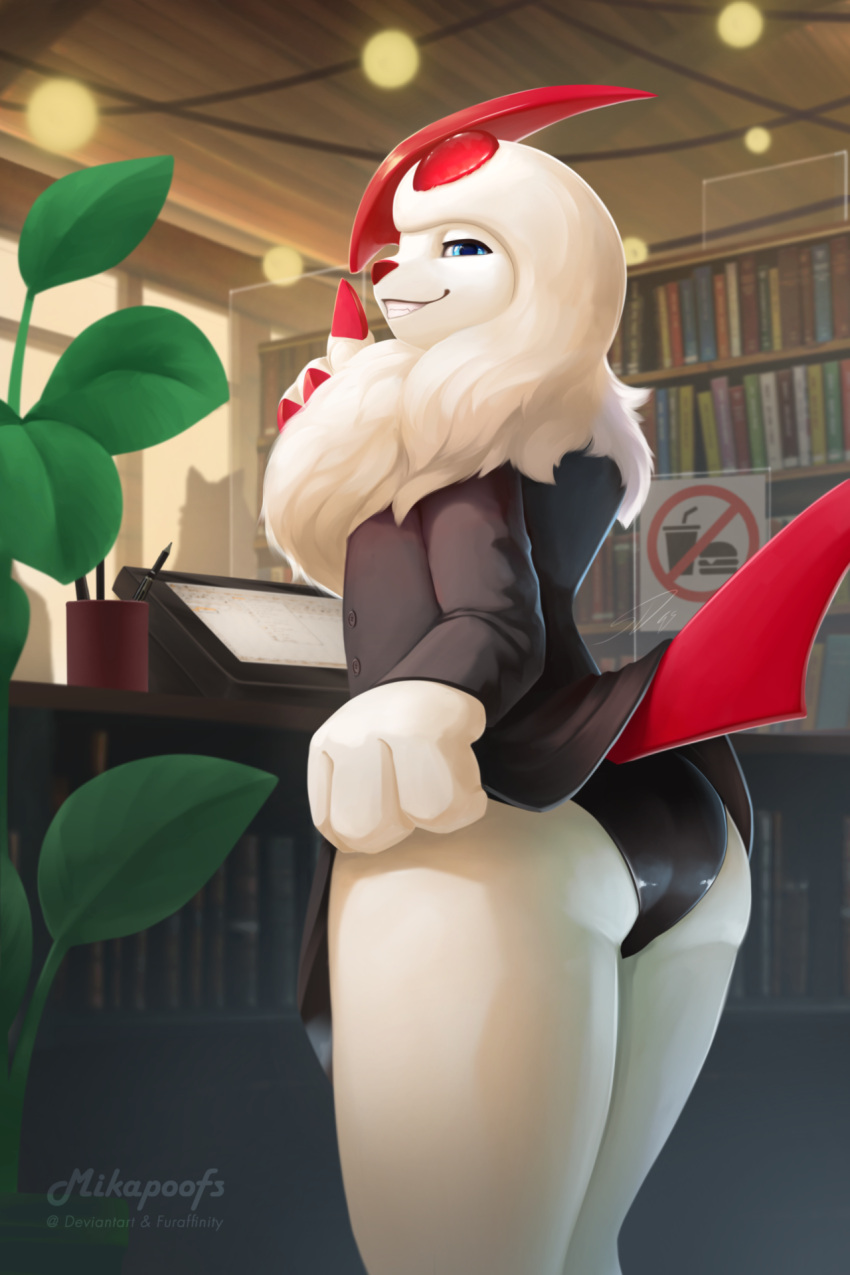 2:3 absol bottomwear clothed clothing fan_character generation_3_pokemon hi_res library mikapoofs nintendo panties pokemon pokemon_(species) skirt stealth underwear upskirt