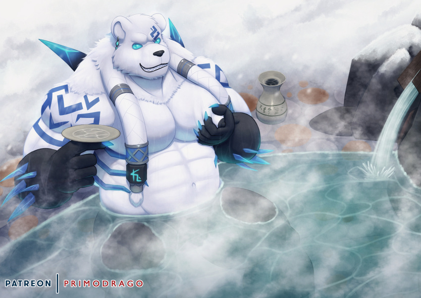 anthro bear hi_res hot_spring league_of_legends male mammal moob_grab moobs muscular nipples onsen primodrago riot_games solo tencent volibear water