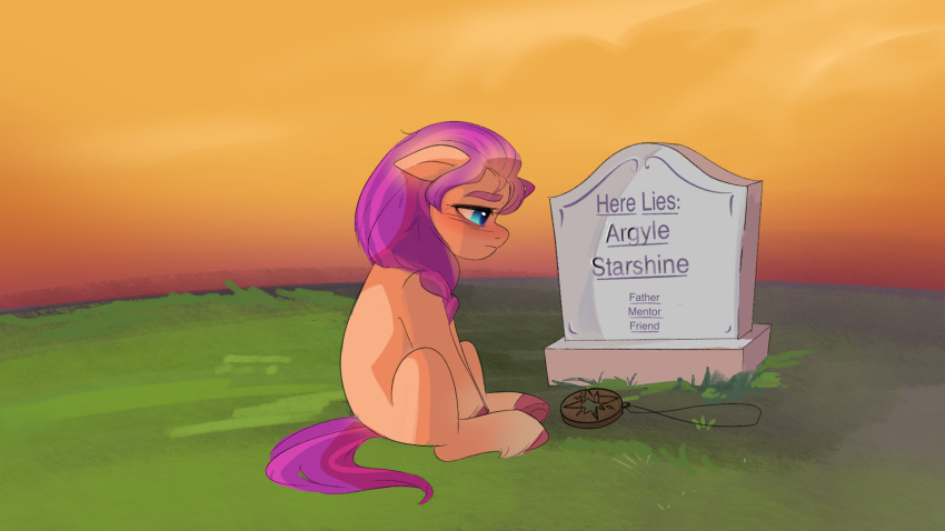 16:9 aztrial blue_eyes earth_pony equid equine female feral fur hair hasbro hi_res hooves horse mammal mlp_g5 mourning my_little_pony orange_body orange_fur pony purple_hair quadruped sad sitting solo sunny_starscout_(mlp) tombstone widescreen