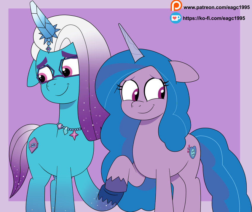 absurd_res auroricorn blue_body blue_fur blue_hair comet_(mlp) duo eagc7 equid equine eyewear female feral fur glasses gradient_hair hair hasbro hexagonal_glasses hi_res holding_hooves horn izzy_moonbow_(mlp) male mammal mlp_g5 multicolored_hair my_little_pony mythological_creature mythological_equine mythology pink_body pink_eyes pink_fur purple_eyes purple_hair text two_tone_hair unicorn url white_hair