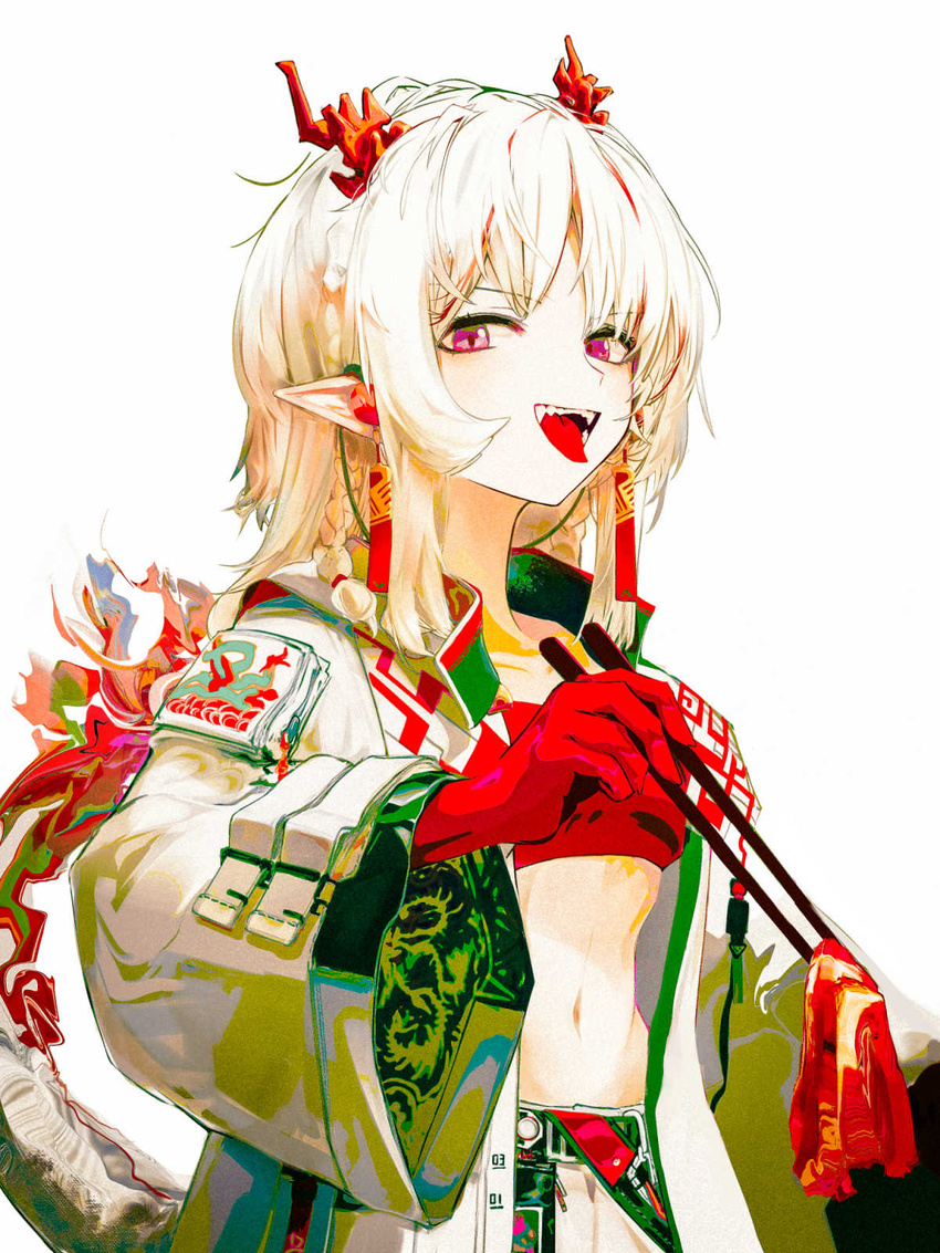 arknights bandeau breasts chopsticks colored_skin dragon_girl dragon_horns dragon_tail earrings fangs female food highres holding holding_chopsticks horns jacket jewelry long_sleeves meat midriff navel nian_(arknights) open_clothes open_jacket open_mouth pants pointy_ears purple_eyes red_bandeau red_skin runamonet simple_background small_breasts solo tail tassel tassel_earrings tongue tongue_out white_background white_hair white_jacket white_pants