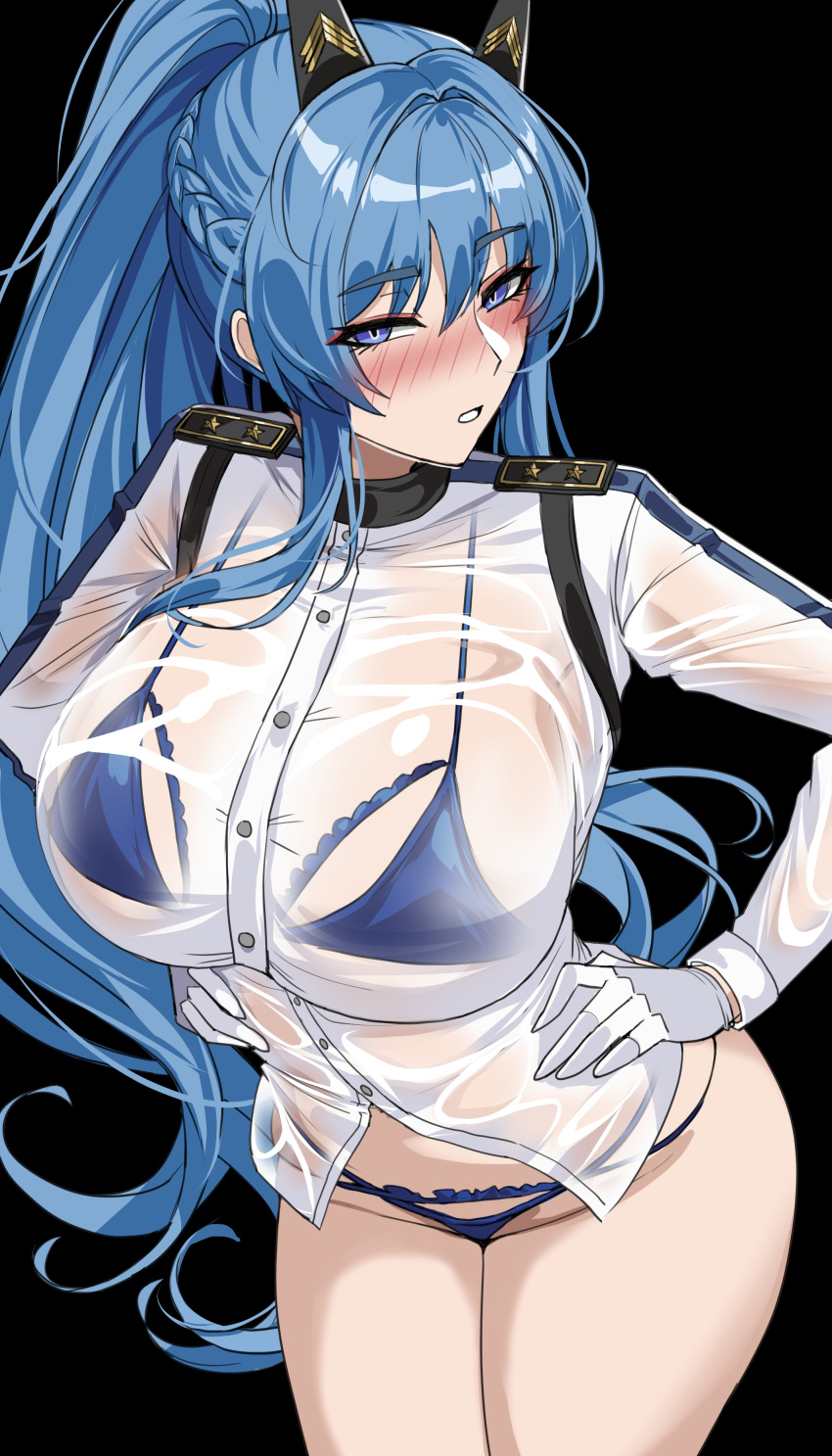 absurdres bikini black_background blue_bikini blue_eyes blue_hair blush breasts commentary_request female gloves goddess_of_victory:_nikke hair_ornament hands_on_own_hips hella_p helm_(aqua_marine)_(nikke) helm_(nikke) highres korean_commentary large_breasts long_hair long_sleeves looking_at_viewer official_alternate_costume parted_lips ponytail sidelocks simple_background solo standing swimsuit teeth thighs white_gloves