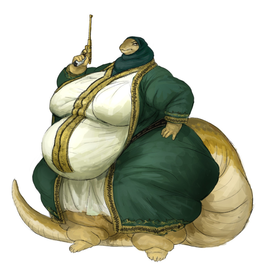 2021 anthro barefoot belly big_belly big_breasts breasts cettus clothed clothing dress fat_rolls feet female frown gold_skin golden_gun gun hand_on_hip handgun headgear headwear hi_res hijab holding_gun holding_handgun holding_object holding_pistol holding_ranged_weapon holding_weapon jena_khan luger middle_eastern_clothing morbidly_obese morbidly_obese_anthro morbidly_obese_female obese obese_anthro obese_female overweight overweight_anthro overweight_female pistol pose ranged_weapon religious_clothing religious_headwear reptile scalie simple_background snake solo standing tail thick_tail thick_thighs weapon white_background wide_hips