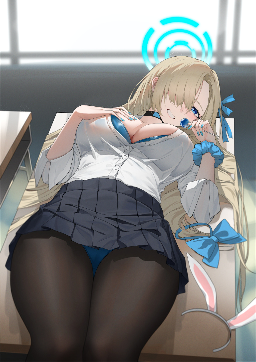 absurdres asuna_(blue_archive) asuna_(bunny)_(blue_archive) black_choker black_pantyhose black_skirt blue_archive blue_eyes blue_halo blue_leotard blue_nails blue_ribbon blue_scrunchie blush breasts buttons candy choker commentary desk female fingernails food grin hair_over_one_eye hair_ribbon halo highres hitomi_(tongshou) holding holding_candy holding_food indoors large_breasts leotard leotard_under_clothes light_brown_hair lollipop long_hair long_sleeves looking_at_viewer nail_polish pantyhose pleated_skirt ribbon school_desk school_uniform scrunchie shirt skirt smile solo very_long_hair white_shirt wrist_scrunchie