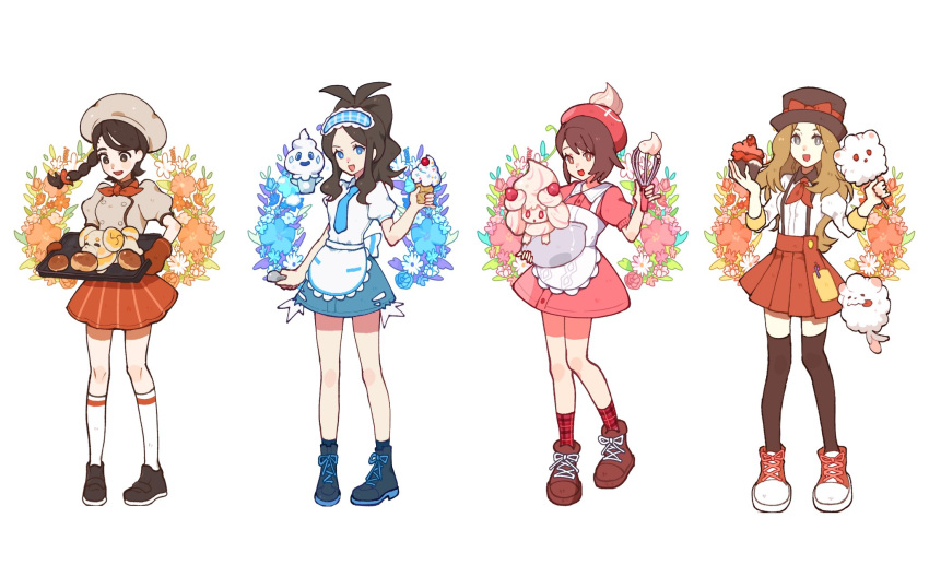 4girls :d alcremie alcremie_(strawberry_sweet) alternate_costume antenna_hair apron blue_eyes blue_necktie boots braid bright_pupils brown_footwear brown_hair commentary_request cotton_candy denim denim_skirt dress eyelashes fidough food gloria_(pokemon) hand_up happy hat high_ponytail highres hilda_(pokemon) hogeol_pk holding ice_cream icing juliana_(pokemon) knees korean_commentary miniskirt multiple_girls necktie open_mouth oven_mitts pigeon-toed pink_dress plaid_socks pleated_skirt pokemon pokemon_(creature) pokemon_bw pokemon_sv pokemon_swsh pokemon_xy red_socks serena_(pokemon) shirt shoes short_sleeves skirt smile socks standing swirlix tam_o'_shanter thighhighs vanillite whisk white_apron white_shirt