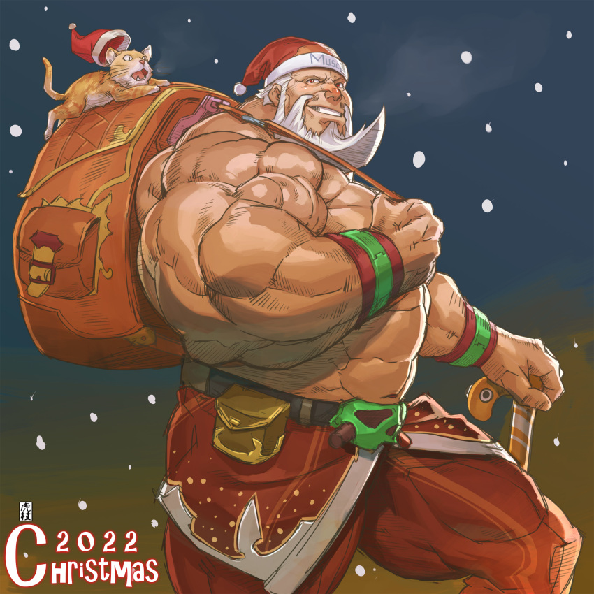 1boy 2022 bara beard christmas facial_hair flexing_pectorals from_side full_beard hat highres itadori_shuu large_pectorals long_beard looking_at_viewer male_focus mature_male moustache muscular muscular_male old old_man original pectorals red_hat santa_claus santa_costume santa_hat short_hair snowing solo strongman_waist thick_arms thick_beard thick_eyebrows thick_mustache thick_thighs thighs topless_male veins veiny_arms wrinkled_skin