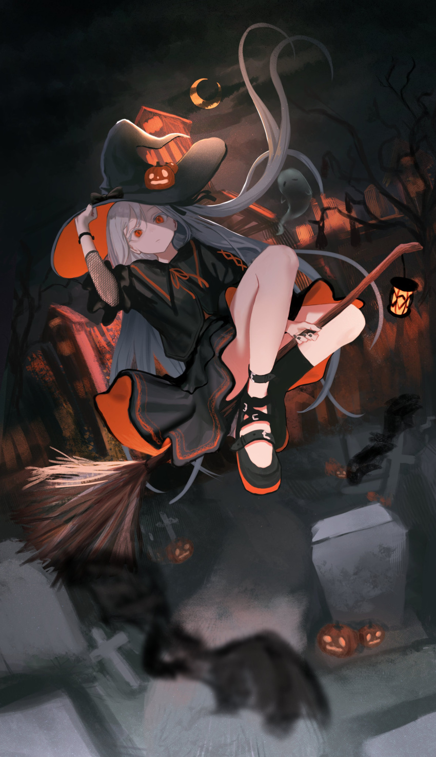 absurdres ankle_belt asymmetrical_footwear bat_(animal) black_bow black_nails black_shirt black_skirt bow broom broom_riding cloud cloudy_sky crescent expressionless female fishnet_sleeves fishnets graveyard hand_on_headwear hat hat_bow highres holding jack-o'-lantern kyano_(kyanora3141) lantern long_hair looking_at_viewer night night_sky orange_ribbon original pumpkin_hat_ornament red_eyes ribbon sandals shirt skirt sky solo spirit tombstone very_long_hair white_hair witch_hat