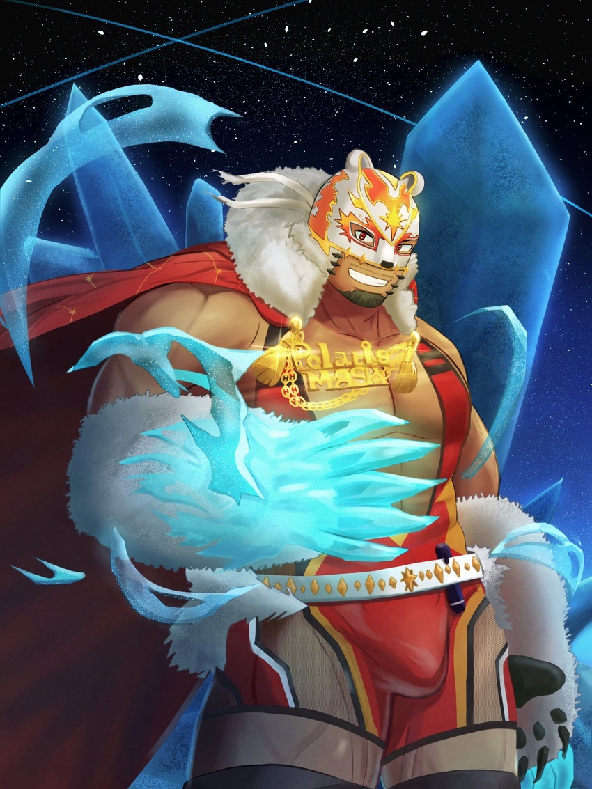 1boy bara bear_mask bear_paws bodysuit brown_eyes bulge cape cryokinesis crystal dark-skinned_male dark_skin facial_hair feet_out_of_frame fishnet_cutout fur_trim goatee goatee_stubble grin highres huge_pectorals konpei_daidai live_a_hero looking_at_viewer male_focus mask muscular muscular_male official_alternate_costume polaris_mask_(live_a_hero) red_bodysuit red_cape short_hair singlet sky smile solo standing star_(sky) starry_sky stubble wrestling_mask wrestling_outfit