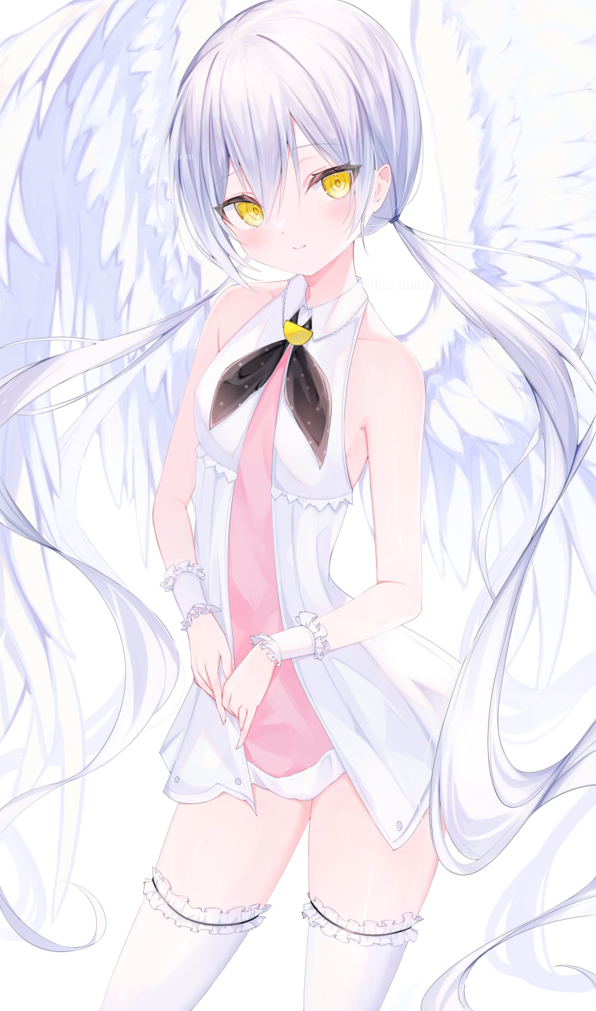 absurdres blush commission copyright_request feathered_wings female grey_hair highres long_hair okomeillust skeb_commission sleeveless smile solo thighhighs twintails very_long_hair white_thighhighs white_wings white_wrist_cuffs wings wrist_cuffs yellow_eyes