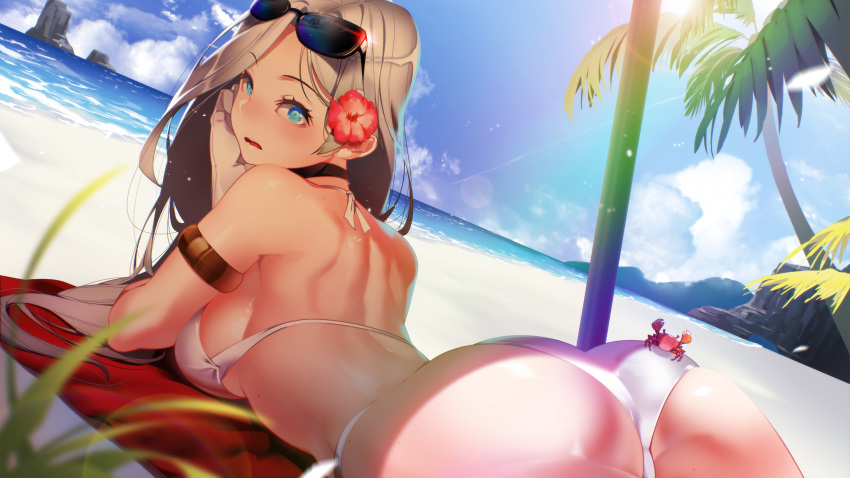 animal aqua_eyes armlet ass bare_shoulders beach beach_towel bikini black_collar blue_sky breasts cloud collar crab day dutch_angle eyewear_on_head female flower from_behind game_cg gloves hair_flower hair_ornament hand_on_own_face highres large_breasts light_particles long_hair looking_at_viewer looking_back lying miracle_snack_shop non-web_source ocean official_art on_stomach open_mouth outdoors palm_tree parted_bangs petals philia_salis pov shaded_face shadow shiny_skin single_sidelock sky solo string_bikini sunglasses sunlight surprised swimsuit talesshop towel tree ukero white_bikini white_gloves white_hair wide-eyed