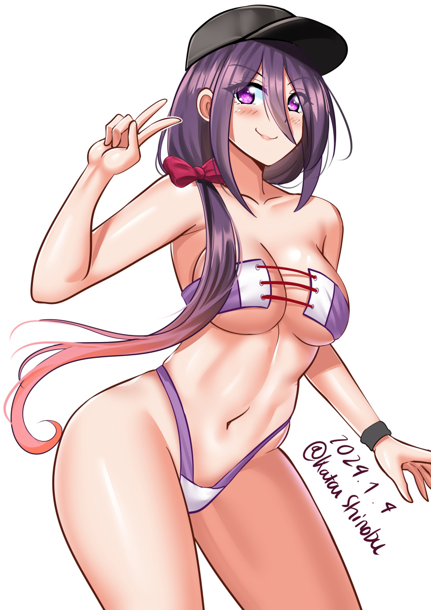 absurdres ariake_(kancolle) ariake_(swimsuit)_(kancolle) baseball_cap bikini black_hat black_wristband breasts dated female gradient_hair hair_between_eyes hat highleg highleg_bikini highres kantai_collection katou_shinobu long_hair low_ponytail medium_breasts multicolored_hair official_alternate_costume one-hour_drawing_challenge orange_hair purple_bikini purple_hair simple_background solo standing swimsuit twitter_username v white_background