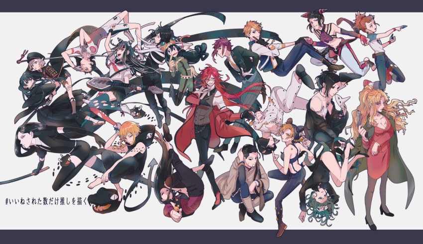 1other 6+boys 6+girls a3! absurdres arisugawa_homare arrow_(symbol) asui_tsuyu balalaika_(black_lagoon) barefoot beard_stubble belt birthmark black-framed_eyewear black_dress black_footwear black_gloves black_hair black_hakama black_headwear black_jacket black_lagoon black_necktie black_pants black_pantyhose black_sclera black_shorts black_skirt black_thighhighs blonde_hair blue_eyes blue_hair blue_thighhighs bob_cut bodysuit boku_no_hero_academia bort bow-shaped_hair braid breasts brown_hair bruno_bucciarati burn_scar character_request coat collared_shirt colored_sclera commentary_request cone_hair_bun copyright_request crossover curly_hair danganronpa_(series) danganronpa_2:_goodbye_despair digimon digimon_tamers dress ear_piercing ensemble_stars! eraser_head_(boku_no_hero_academia) eyewear_strap facial_hair fingerless_gloves full_body glasses gloves goggles goggles_on_head golden_kamuy green_bodysuit green_coat green_hair grell_sutcliff grey_hair grey_vest grin guitar gun hair_bun hakama hakama_pants handgun hat high_heels highres holding holding_guitar holding_gun holding_instrument holding_sword holding_weapon hotarumaru houseki_no_kuni hunter_x_hunter illumi_zoldyck index_finger_raised instrument jacket japanese_clothes joestar_birthmark jojo_no_kimyou_na_bouken juri_han kamu_(simp3) katana kimetsu_no_yaiba kujo_jolyne kuroshitsuji large_breasts long_hair long_sleeves long_tongue makino_ruki medusa_gorgon midousuji_akira mioda_ibuki mismatched_socks multicolored_hair multiple_boys multiple_crossover multiple_girls narukami_arashi neck_tattoo necktie ocarina off_shoulder ogata_hyakunosuke one-punch_man open_mouth orange_hair orange_necktie pants pantyhose peaked_cap pencil_skirt piercing pink_eyes pink_hair pink_thighhighs pleated_skirt ponytail purple_gloves purple_hair purple_nails red_coat red_eyes red_hair red_jacket red_skirt sailor_collar scar sharp_teeth sheath shirt shoes short_hair short_sleeves shorts simple_background single_braid skirt smile snake sneakers soul_eater standing stone_ocean street_fighter stubble sword tank_top tatsumaki tattoo teeth thighhighs tokitou_muichirou tokyo_ghoul tongue torn_clothes torn_thighhighs touken_ranbu unsheathing upside-down uta_(tokyo_ghoul) vento_aureo very_long_hair very_long_tongue vest weapon white_background white_belt white_footwear white_hair white_jacket white_pants white_shirt white_shorts white_tank_top yellow_eyes yowamushi_pedal