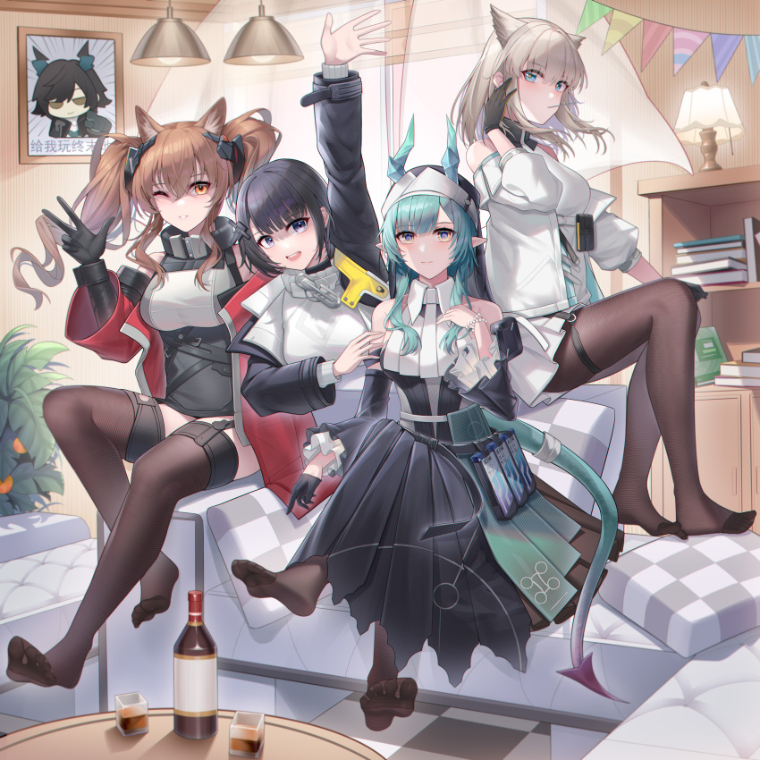 4girls absurdres angelina_(arknights) angelina_(endfield)_(arknights) animal_ears arknights arknights:_endfield arm_up bird_ears black_gloves black_hair black_jacket black_pantyhose black_skirt black_thighhighs blonde_hair blue_eyes blue_hair book bookshelf bottle brown_hair dragon_girl dragon_horns dragon_tail dress endministrator_(arknights) female_endministrator_(arknights) fox_ears fox_girl gloves hair_between_eyes hand_up highres horns indoors jacket lamp layered_sleeves long_hair looking_at_viewer mouth_hold multiple_girls no_shoes off_shoulder one_eye_closed open_clothes open_jacket orange_eyes pantyhose perlica_(arknights) picture_frame plant potted_plant red_jacket ribbed_sweater shirt skirt sweater tail thigh_strap thighhighs twintails white_dress white_shirt white_sweater wuren xaihi_(arknights)