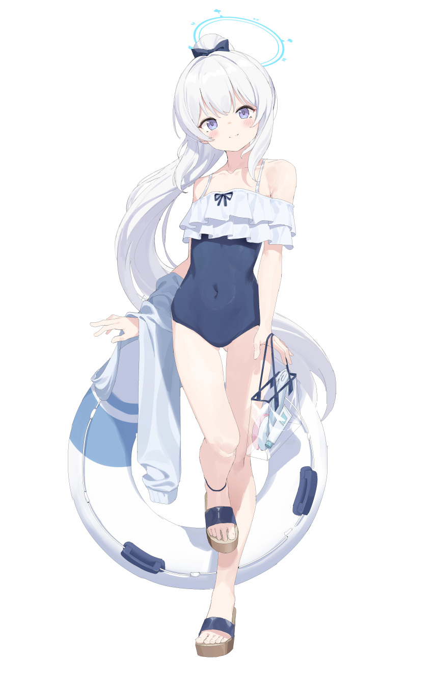 2t_(vmyz7342) absurdres ass_visible_through_thighs bag bare_legs bare_shoulders blue_archive blue_halo blue_one-piece_swimsuit blush bow chinese_commentary collarbone commentary_request covered_navel feet female frilled_one-piece_swimsuit frills full_body hair_between_eyes hairbow halo high_ponytail highres holding holding_bag holding_sweater impossible_clothes impossible_swimsuit innertube legs long_hair looking_at_viewer miyako_(blue_archive) miyako_(swimsuit)_(blue_archive) official_alternate_costume one-piece_swimsuit ponytail purple_eyes ribbon sandals simple_background smile solo standing swim_ring swimsuit toenails toes transparent_bag very_long_hair white_background white_hair