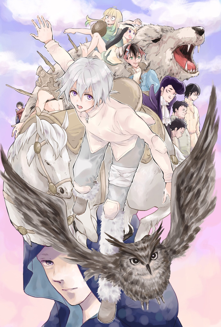 3girls 6+boys ascot bandaged_leg bandages barefoot bear bird black_hair blonde_hair blue_jacket bonchien_nicoli_la_tasty_peach_uralis character_request cloak colored_tips dress facial_hair facial_mark fumetsu_no_anata_e fushi green_eyes green_hair grey_hair grey_pants gugu_(fumetsu_no_anata_e) hairo_rich head_scarf headband helmet highres hood hood_up horse iddy_(fumetsu_no_anata_e) imasaranochiyo injury jacket jar kahaku_(fumetsu_no_anata_e) kai_renald_rawle kansatsusha lolicon looking_at_viewer looking_to_the_side march_(fumetsu_no_anata_e) messar_robin_bastar multicolored_hair multiple_boys multiple_girls one_eye_closed one_eye_covered oniguma_(fumetsu_no_anata_e) outstretched_arm owl pants pompadour profile purple_cloak purple_eyes purple_hair riding scar scar_on_face shirt shoes sky smile soles stubble sweater tonari_dalton topless_male turtleneck turtleneck_sweater white_ascot