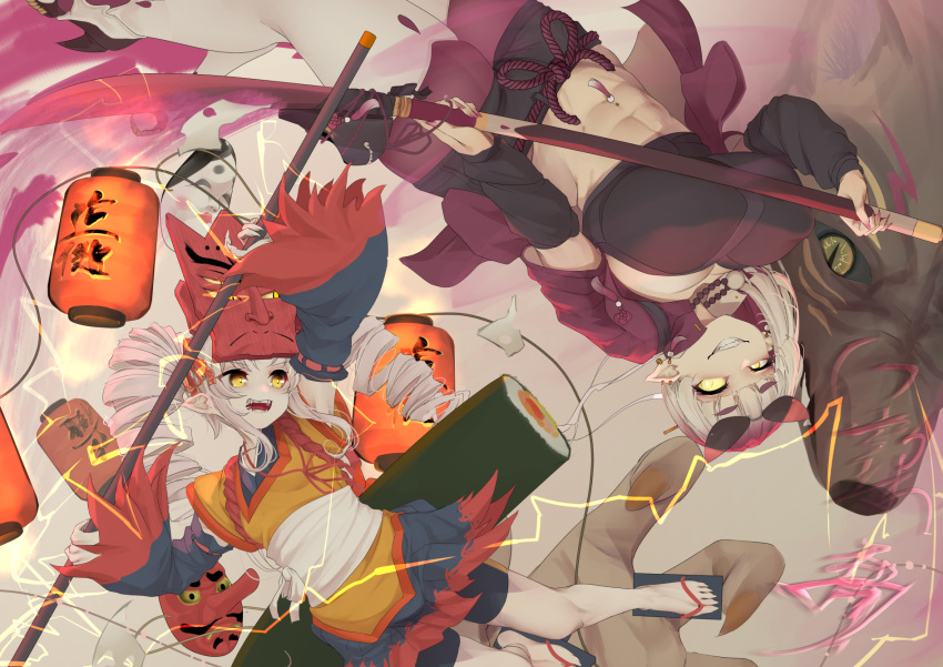 2girls abs apron arms_up battle black_kimono black_sleeves breasts coeiroink commentary cropped_shirt detached_sleeves drill_hair electricity evil_grin evil_smile eyewear_on_head fangs fingernails food fox geta grin high_heels highres holding holding_polearm holding_weapon huge_breasts jacket japanese_clothes kappougi kimono lantern long_hair looking_at_another makizushi mask mask_on_head midriff monster multiple_girls naginata ne_an_ito oni_mask onikko_hunter_tsuina-chan open_clothes open_jacket oversized_food oversized_object paper_lantern pointy_ears polearm purple_jacket rotational_symmetry sash sharp_fingernails shirt short_kimono single_sidelock sleeveless sleeveless_kimono sleeveless_shirt smile sunglasses sushi tsuina-chan twin_drills uneven_eyes v-shaped_eyebrows voiceroid weapon white_hair white_sash yachimari_kukuri yellow_eyes