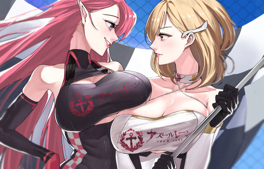 2girls azur_lane bare_shoulders black_gloves blue_eyes breasts cleavage collarbone criss-cross_halter detached_sleeves duke_of_york_(azur_lane) duke_of_york_(prestige_of_the_glorious_formula)_(azur_lane) elbow_gloves gloves halterneck large_breasts long_hair looking_at_another multiple_girls official_alternate_costume ootani_nonno pointy_ears prince_of_wales_(azur_lane) prince_of_wales_(the_laureate's_victory_lap)_(azur_lane) race_queen