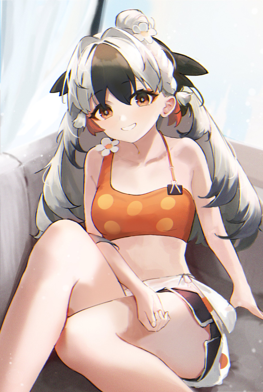 absurdres arknights bikini black_hair black_shorts blush breasts brown_eyes commentary ema_(kuguiema) feet_out_of_frame female flower hair_between_eyes hair_intakes highres long_hair looking_at_viewer multicolored_hair orange_bikini shorts sitting small_breasts smile snowsant_(arknights) solo swimsuit thighs two-tone_hair white_flower white_hair