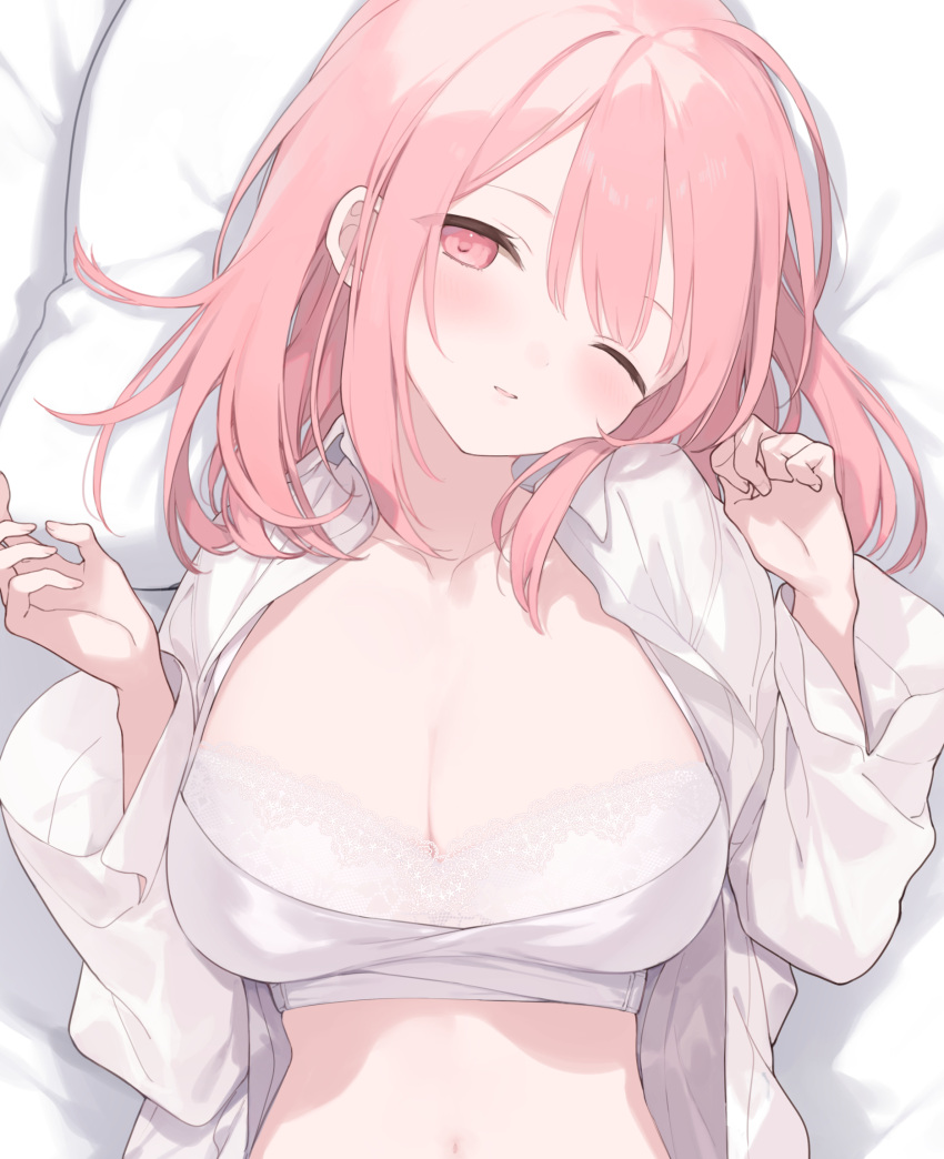 bed_sheet blush bra breasts cleavage collarbone collared_shirt commentary_request dakimakura_(medium) female fingernails fujiyama head_tilt highres lace-trimmed_bra lace_trim large_breasts long_sleeves looking_at_viewer lying medium_hair nail_polish navel on_back one_eye_closed open_clothes open_mouth open_shirt original pillow pink_eyes pink_hair pink_nails shirt solo stomach underwear upper_body white_bra white_shirt