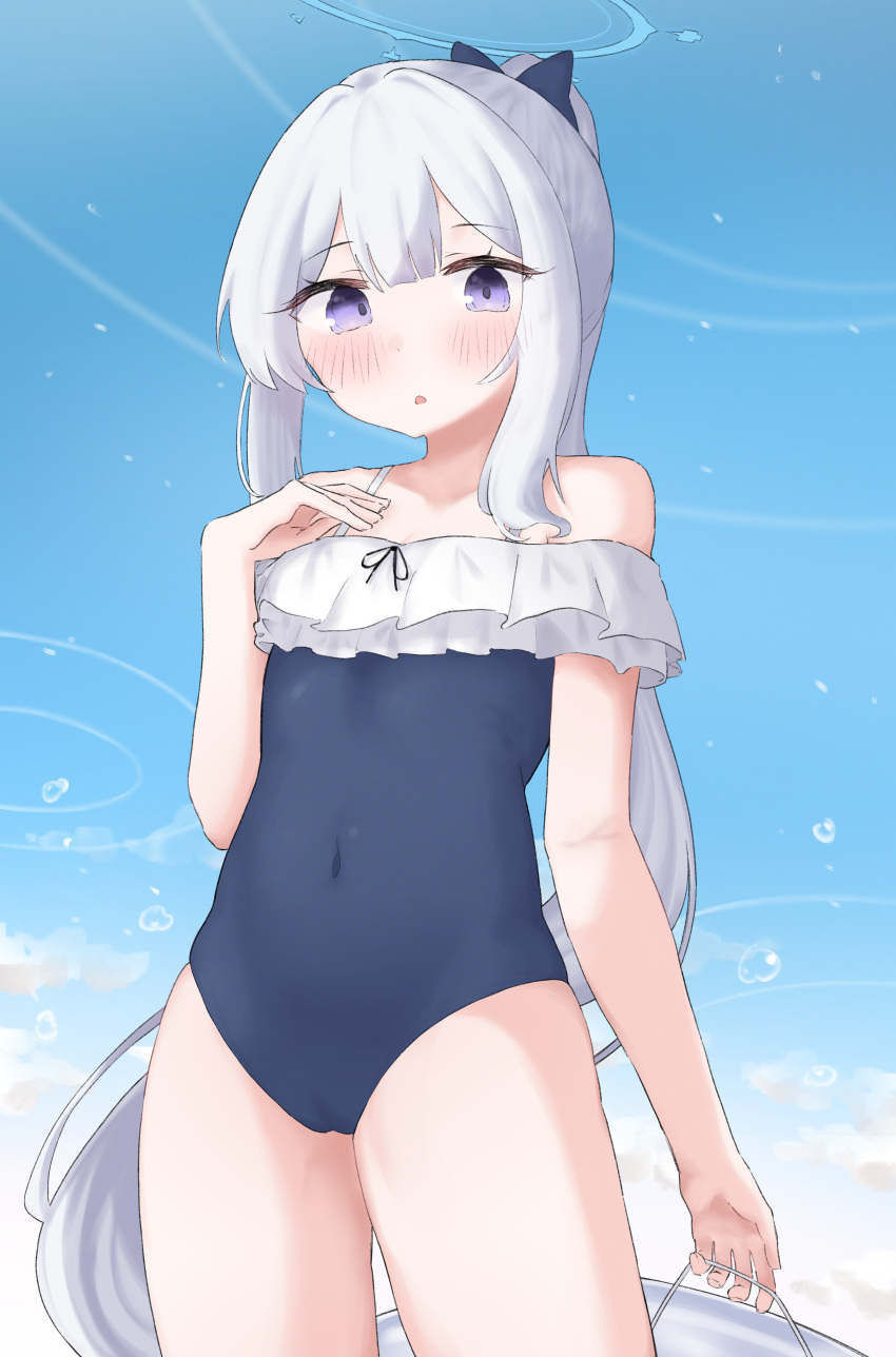 absurdres arcaeder_17 bare_arms bare_legs bare_shoulders black_one-piece_swimsuit blue_archive blue_halo blush cowboy_shot d: female frilled_one-piece_swimsuit frills grey_hair halo highres holding holding_swim_ring innertube long_hair miyako_(blue_archive) miyako_(swimsuit)_(blue_archive) off-shoulder_one-piece_swimsuit off_shoulder official_alternate_costume official_alternate_hairstyle one-piece_swimsuit parted_lips ponytail purple_eyes solo sway_back swim_ring swimsuit