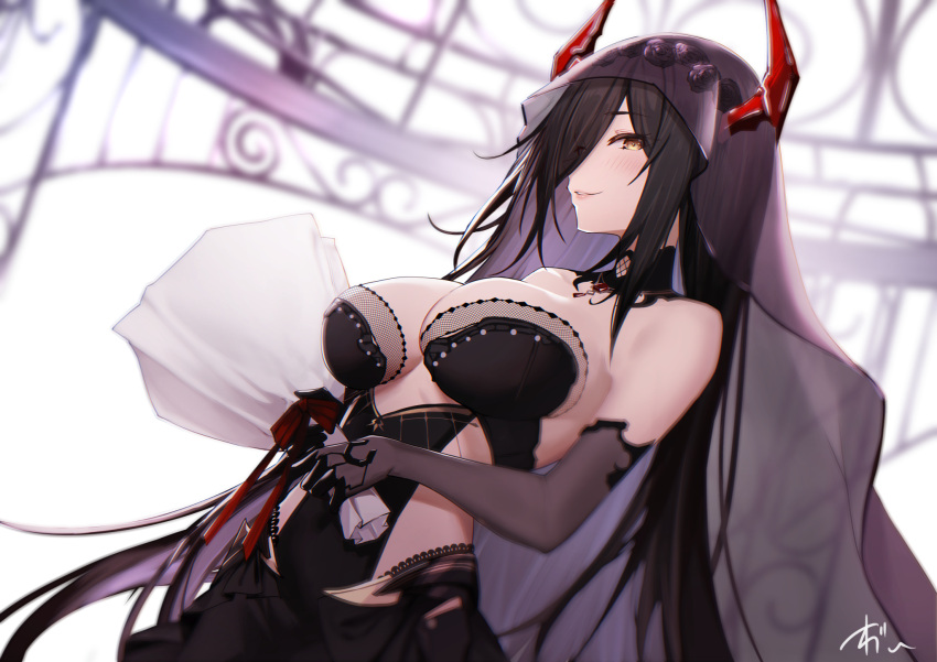 azur_lane bare_shoulders black_dress black_gloves black_hair black_veil bouquet breasts bridal_veil cleavage dress elbow_gloves female friedrich_der_grosse_(azur_lane) friedrich_der_grosse_(zeremonie_of_the_cradle)_(azur_lane) from_below gloves hair_over_one_eye highres holding holding_bouquet horns large_breasts long_hair looking_at_viewer mechanical_horns official_alternate_costume oregano_(olgn_eao) red_horns solo veil very_long_hair wedding_dress yellow_eyes