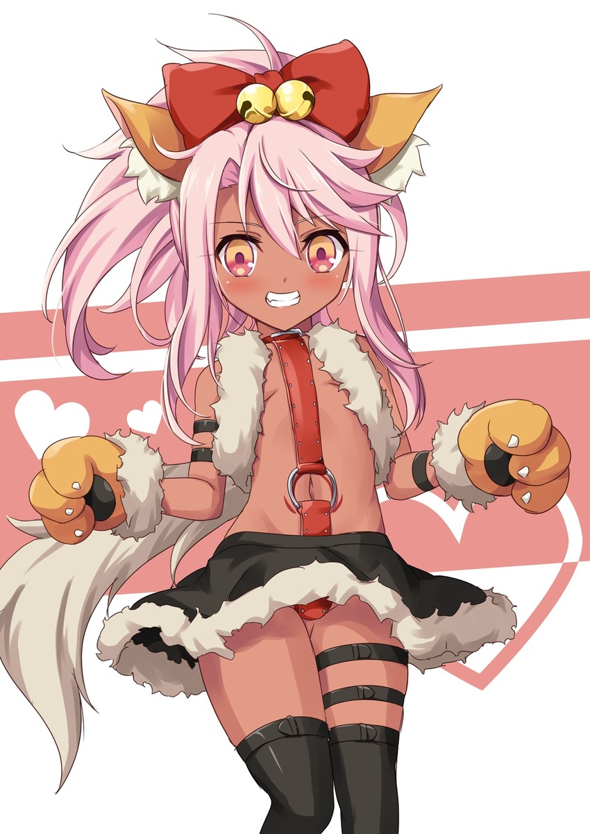 animal_ear_fluff animal_ears animal_hands bare_shoulders bell black_skirt black_thighhighs blush bow breasts cat_ears cat_paws chloe_von_einzbern chloe_von_einzbern_(beast_style) dark-skinned_female dark_skin fake_animal_ears fake_claws fate/kaleid_liner_prisma_illya fate_(series) female fur-trimmed_skirt fur_trim gloves hair_bell hair_between_eyes hair_ornament hairbow heart highres jingle_bell long_hair morokoshi_(tekku) navel o-ring panties paw_gloves pink_hair red_panties skirt small_breasts stomach stomach_tattoo tattoo teeth thigh_strap thighhighs underwear yellow_eyes yellow_gloves