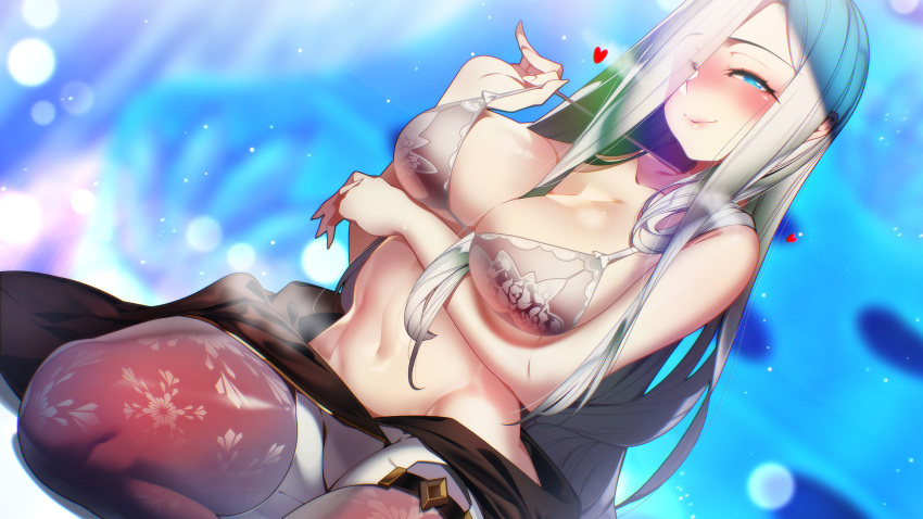 arm_under_breasts bare_shoulders blue_background blue_eyes blurry blurry_background blush bra bra_pull breasts cleavage clothes_down clothes_pull collarbone dutch_angle female game_cg hair_between_breasts hair_over_shoulder half-closed_eyes heart heart-shaped_pupils highres indoors kneeling large_breasts light_particles long_hair looking_at_viewer miracle_snack_shop navel non-web_source nose_blush official_art one_eye_covered pants philia_salis pink_lips pov print_bra print_thighhighs pursed_lips seductive_smile see-through see-through_legwear shaded_face shadow shorts smile snowflake_print solo steam stomach string_bra symbol-shaped_pupils talesshop thighhighs ukero underwear very_long_hair white_bra white_hair white_shorts