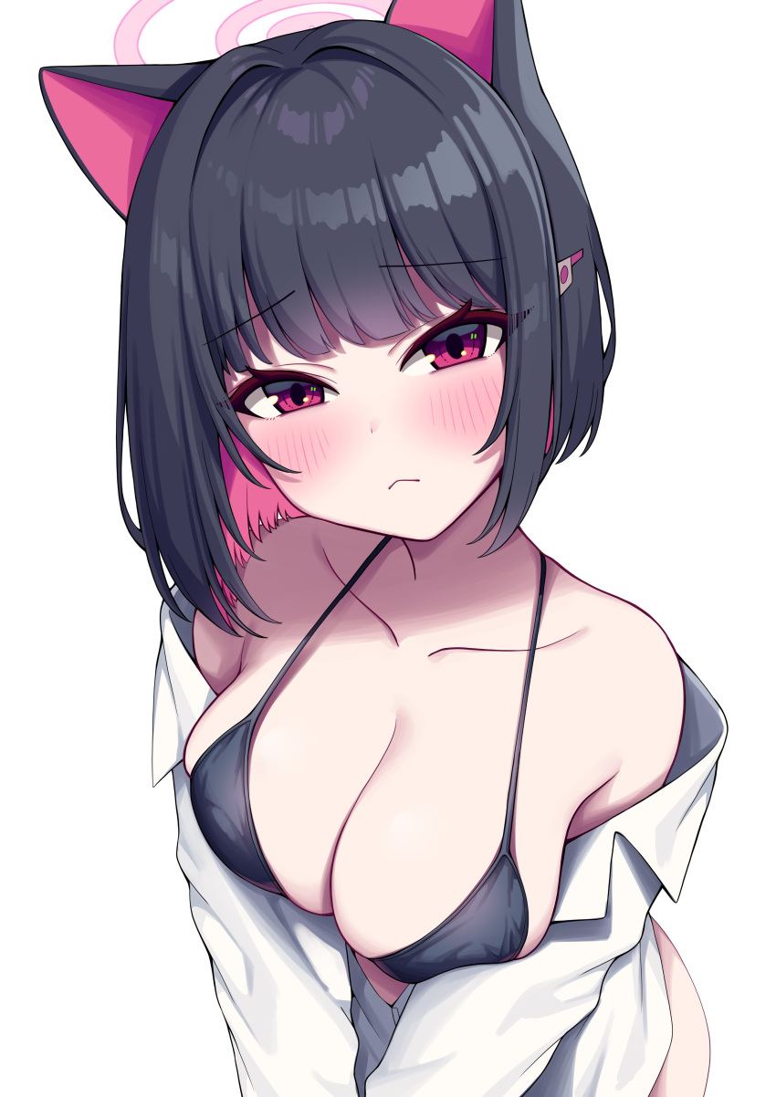 :< absurdres alternate_costume animal_ears black_hair blue_archive blunt_bangs blush breasts cat_ears cleavage closed_mouth collarbone collared_shirt colored_inner_animal_ears colored_inner_hair commentary_request female halo highres kazusa_(blue_archive) large_breasts leaning_forward looking_at_viewer metaljelly multicolored_hair off_shoulder partially_unbuttoned pink_hair pink_halo red_eyes shirt short_hair simple_background solo upper_body white_background white_shirt