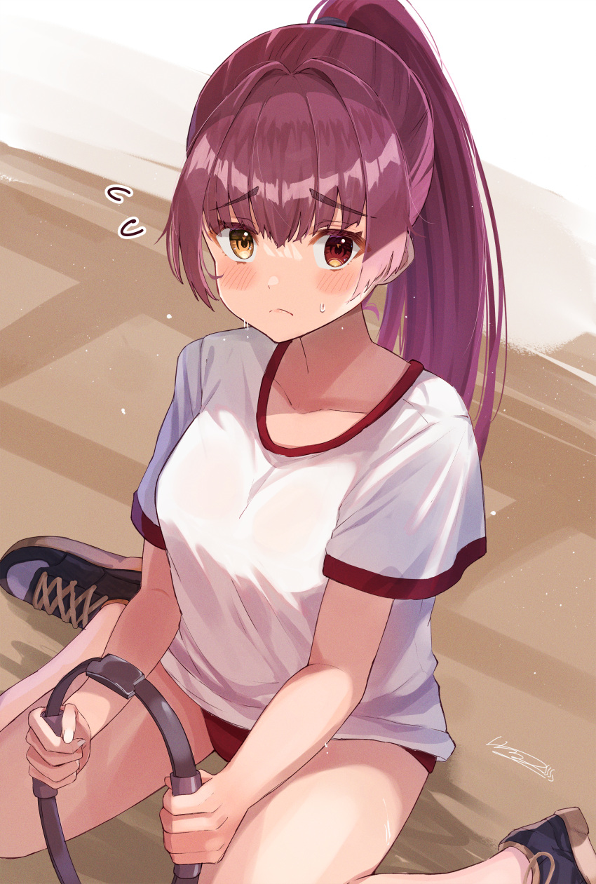 absurdres black_footwear blush breasts buruma collarbone female frown gym_uniform haru_yu heterochromia highres hololive houshou_marine large_breasts long_hair looking_at_viewer ponytail red_buruma red_eyes red_hair ring-con shirt shoes solo sweat sweatdrop virtual_youtuber white_shirt yellow_eyes