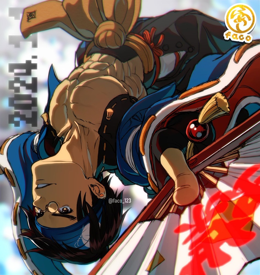 1boy 2024 abs black_gloves black_hair blue_headband brown_eyes faco fingerless_gloves folding_fan gloves guilty_gear guilty_gear_strive hand_fan headband highres holding holding_fan japanese_clothes kimono large_pectorals long_sleeves looking_at_viewer male_focus mito_anji multicolored_clothes multicolored_kimono muscular muscular_male pectorals pince-nez short_hair tassel wide_sleeves