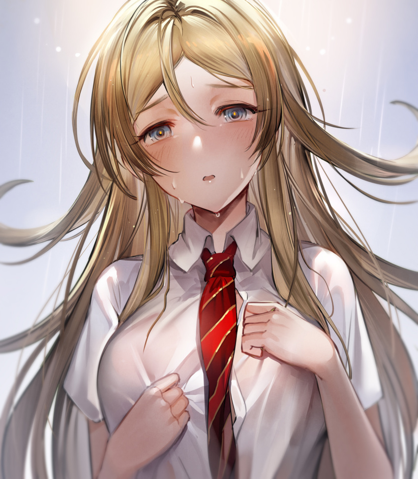 blonde_hair blue_background blue_eyes blurry blush breasts depth_of_field dot_nose female hands_up hanusu highres idolmaster idolmaster_million_live! idolmaster_million_live!_theater_days large_breasts long_hair looking_at_viewer necktie parted_lips rain red_necktie school_uniform shinomiya_karen shirt short_sleeves shy simple_background solo striped_necktie upper_body water_drop wet wet_clothes wet_shirt white_shirt