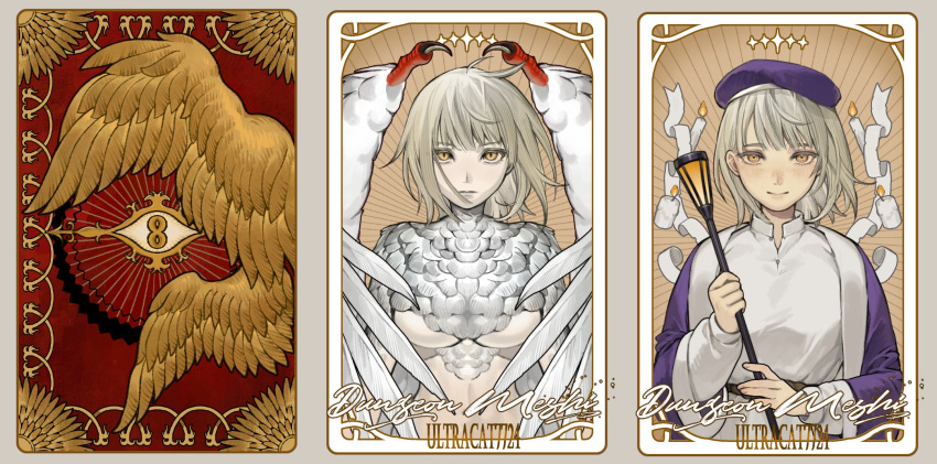 artist_name body_fur breasts brown_background candle card_(medium) chimera closed_mouth commentary copyright_name dragon_wings dungeon_meshi english_commentary expressionless eye_symbol falin_touden falin_touden_(chimera) falin_touden_(tallman) feathered_wings female grey_hair hand_up hat highres holding holding_staff long_sleeves looking_at_viewer monster_girl multiple_views nude purple_headwear sash shirt short_hair slit_pupils smile spoilers staff ultracat underboob unusually_open_eyes upper_body white_shirt white_wings wings yellow_eyes