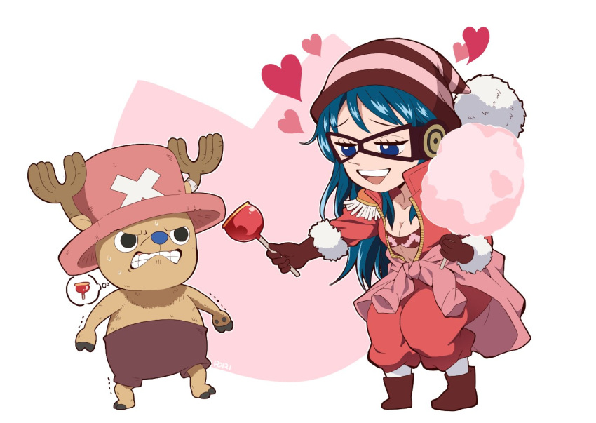 1boy angry blue_eyes blue_hair breasts brown_gloves candy_apple cotton_candy female food gloves hat heart jacket long_hair medium_breasts one_piece open_mouth porche_(one_piece) pori_(kmt_pori) red_jacket reindeer shorts striped_clothes striped_headwear teeth tony_tony_chopper