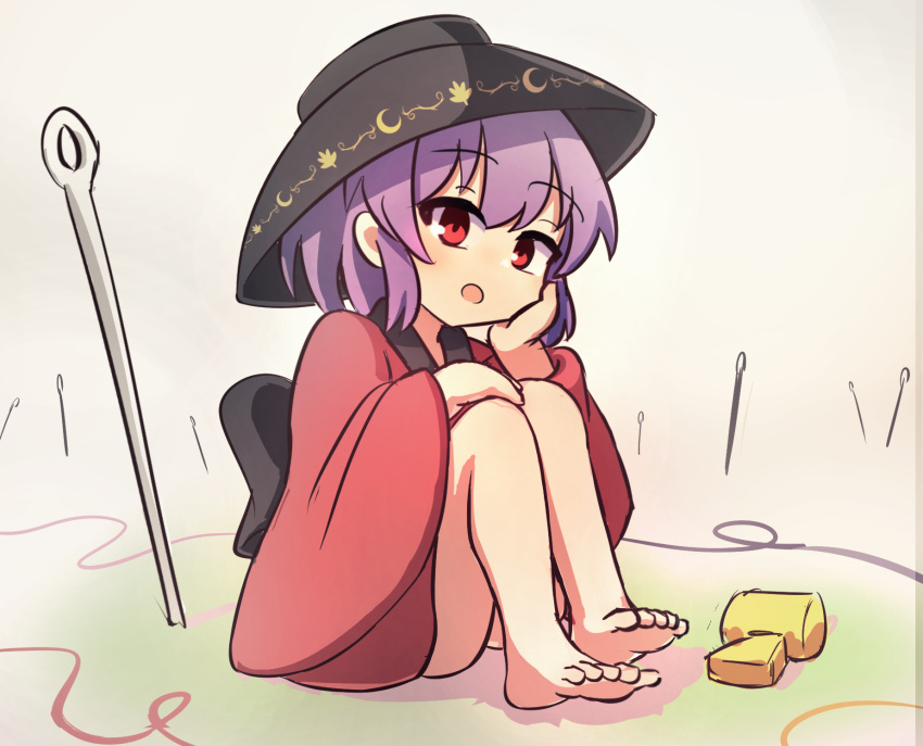 bare_legs barefoot black_bow black_sash bow bowl bowl_hat feet female ferdy's_lab hat head_rest highres japanese_clothes kimono long_sleeves looking_at_viewer mallet mini_person minigirl needle obi open_mouth purple_hair red_eyes red_kimono sash short_hair sitting soles solo string sukuna_shinmyoumaru thread touhou wide_sleeves