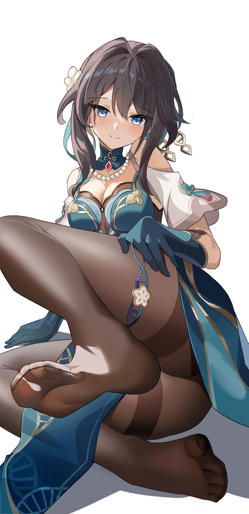 absurdres aqua_dress aqua_eyes aqua_gloves brown_hair clothing_cutout dna dorsiflexion dress feet female flower gloves hair_flower hair_ornament highres honkai:_star_rail honkai_(series) jewelry laosi_j legs necklace no_shoes pantyhose ruan_mei_(honkai:_star_rail) shoulder_cutout spread_toes thighband_pantyhose toe_seam toenails toes