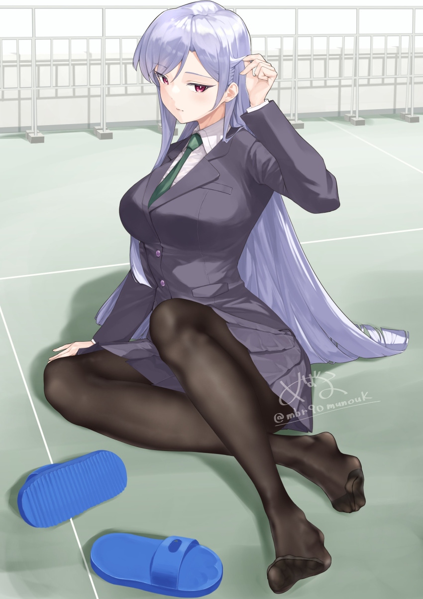 absurdres arm_up black_pantyhose blush breasts closed_mouth collared_shirt dorsiflexion eiai_nano eyelashes feet female footprints green_necktie grey_hair highres jacket kimi_no_koto_ga_dai_dai_dai_dai_daisuki_na_100-nin_no_kanojo knee_up large_breasts legs long_hair long_sleeves looking_at_viewer mbr90munouk miniskirt necktie no_shoes on_ground outdoors pantyhose parted_bangs pleated_skirt purple_jacket purple_skirt red_eyes sandals shadow shirt sidelocks signature sitting skirt solo toes twitter_username unworn_sandals very_long_hair white_shirt