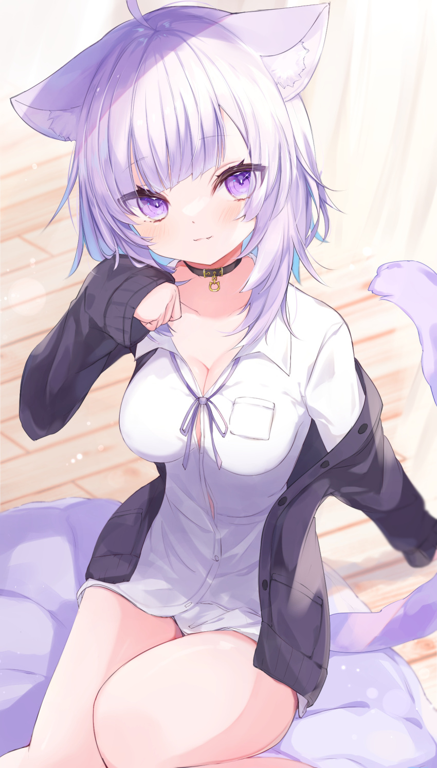 ahoge animal_ear_fluff animal_ears black_cardigan black_choker breast_pocket cardigan cat_ears cat_girl cat_tail choker clenched_hand collared_shirt commentary dress_shirt female highres hololive jacket naked_shirt neck_ribbon nekomata_okayu nekomata_okayu_(oversized_shirt) no_pants official_alternate_costume okomeillust open_cardigan open_clothes pocket purple_eyes purple_hair purple_jacket purple_ribbon ribbon shirt short_hair solo tail virtual_youtuber white_shirt