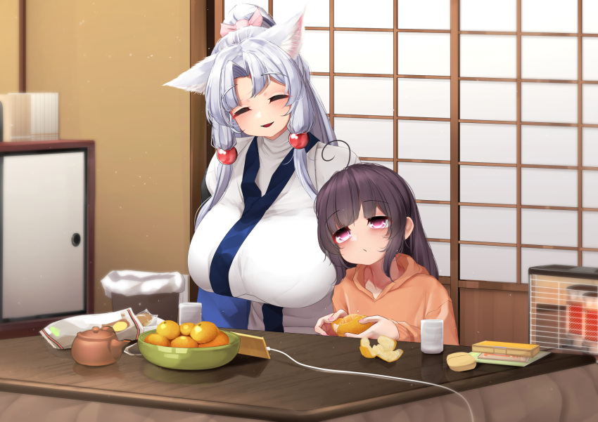 2girls :/ ahoge alternate_costume animal_ears blush breasts brown_hair closed_eyes closed_mouth commentary cup curtained_hair facing_another food fox_ears fruit half_updo hands_up heater height_difference highres holding holding_food holding_fruit hood hood_down hoodie huge_breasts impossible_clothes indoors japanese_clothes kerosene_heater kimono kotatsu leaning_on_person leaning_to_the_side long_hair long_sleeves looking_ahead mandarin_orange multiple_girls ne_an_ito open_mouth orange_hoodie orange_peel pink_eyes shirt shouji siblings sidelocks sisters sitting sliding_doors smile table teapot touhoku_itako touhoku_kiritan trash_can turtleneck under_kotatsu under_the_table undershirt voiceroid white_kimono white_shirt yunomi